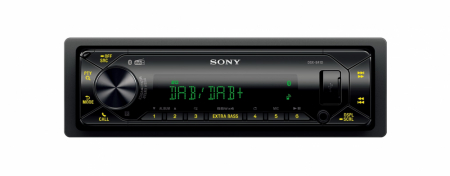 Bilstereo med Bluetooth, DAB+ och kontroller för ljudinställningar.