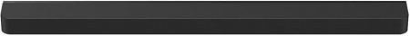 Lång, svart soundbar med eleganta linjer och minimal design.