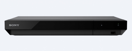 En svart Blu-ray-spelare med minimal design och knappar på framsidan.