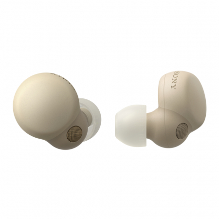 Trådlösa hörlurar i beige med rundad design och silikonöronproppar.