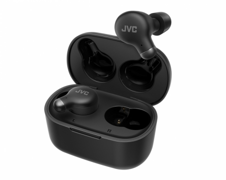 Trådlösa in-ear hörlurar i svart med laddningsetui.