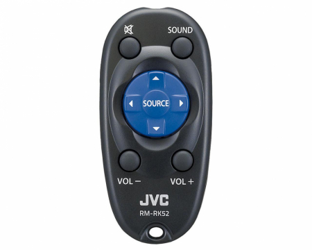 Fjärrkontroll med volym, ljud- och källknappar. Modell JVC RM-RK52.