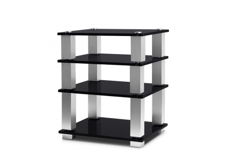 Hifi-rack med fyra svarta glasplan och silverfärgade ben.