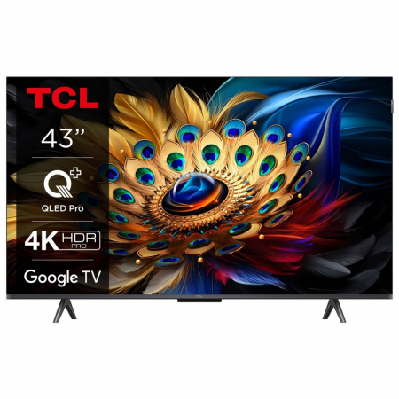 TCL 43 tum 4K QLED Pro Google TV med en färgglad mönsterdesign.