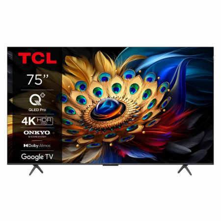 TCL 75C655 TV med 75 tum, 4K QLED Pro och färgglad mönsterdesign.