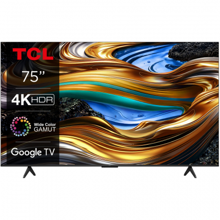 En stor TV med 75 tum, 4K HDR och färgglad design. Google TV-funktionalitet.