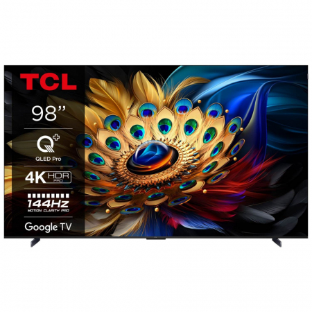 Stor TV med 98 tum, QLED, 4K HDR och färgglad fjäderdesign i bakgrunden.