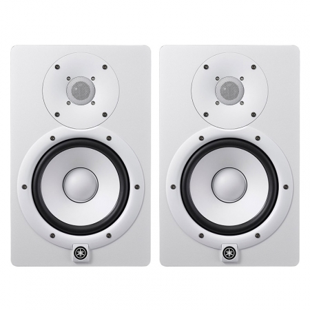 Två vita monitordiffusorer med rundade kanter och svart högtalargaller.