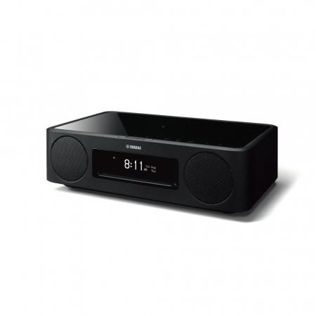 Svart internetradio med Wi-Fi, CD-spelare och digital klocka.
