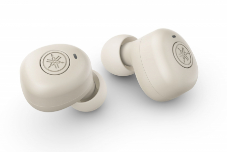 Trådlösa in-ear hörlurar i grå färg med rund design.