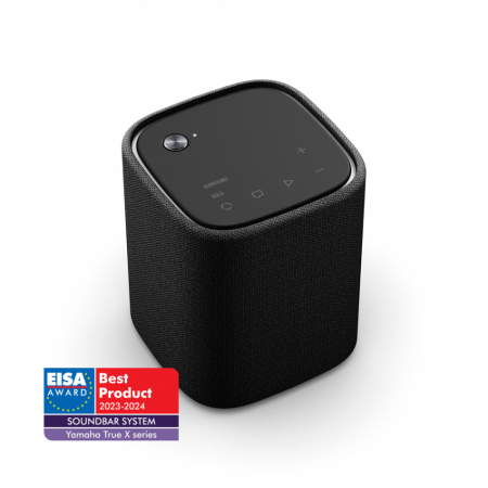 Trådlös Bluetooth-högtalare i svart med kontroller på toppen.