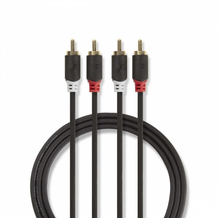 Stereo RCA-kabel, 2x RCA hane till 2x RCA hane, 1 meter lång.