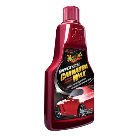 Flaska med Meguiars Deep Crystal Carnauba Wax för bilvård.