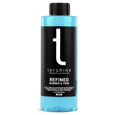 Flaska med blå vätska, produktnamn Tershine Refined - Rubber and Trim, 500 ml.