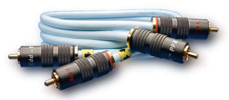 Avbildar en ljudkabel med RCA-kontakter, typ Supra DAC-X, 1 meter lång.