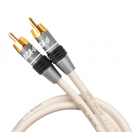 En vit RCA-kabel med guldpläterade kontakter, 15 meter lång.