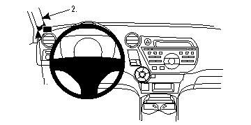 Illustration av bilens interiör med ratt och instrumentpanel.