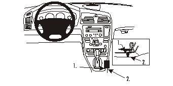 Illustration av bilinteriör med konsol och växelspak för Volvo S60 00-04.