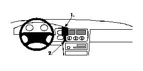 En stiliserad ritning av instrumentpanelen i Ford Escort 95-00.