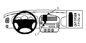 Instrumentpanel med ratt och radio, markerade delar för installation.