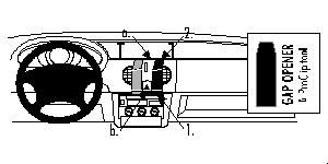 En illustration av instrumentpanelen i Renault Kangoo 98-02 med kontroller och fack.