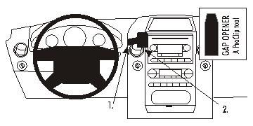 Diagram över Ford F-150 04-08 interiör med nyckel och gapöppnare.