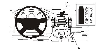 Diagram som visar dashboard och verktyg för att öppna enhet i Nissan Micra 03-10.