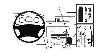 Illustration av instrumentpanel med stereo och verktyg för installation.