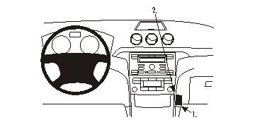 Instrumentbräda med ratt, stereo och kontroller.