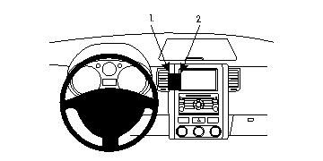 Instrumentbräda med ratt, navigationssystem och kontroller.