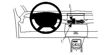 Diagram av bilens instrumentbräda med ratt och kontroller.