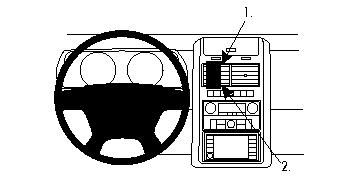 Diagram över instrumentbräda med monteringsbygel och navigationssystem.