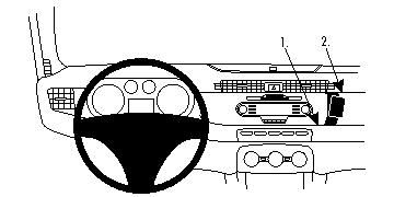 Instrumentbräda med ratt, kontroller och luftventiler.