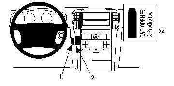 Diagram av instrumentbräda med kontroller och utrymmen i Kia Sorento 02-07.