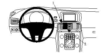 En illustration av bilens interiör med ratt och centrumkontroller.
