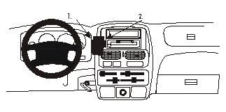 Skiss av instrumentbräda med ratt och stereo, för Nissan Navara 00-05.