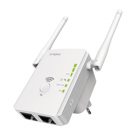 WiFi repeater med två antenner och indikatorsljus för nätverksanslutning.