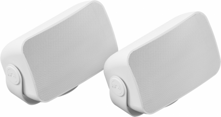 Vita utomhushögtalare, vitt par med nätgrill och rundad design.