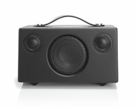 Bluetooth-högtalare i svart med en enkel design och tre högtalarelement.