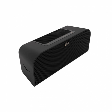 Portabel svart Bluetooth-högtalare med rundade kanter och gallerfront.