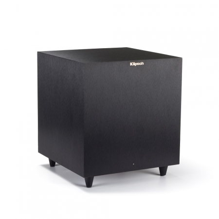 Svart subwoofer med fyrkantig design och tre ben. Klipsch-logotyp på framsidan.