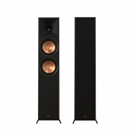 Svart golvhögtalare med två stora element och en diskant. Modern design.