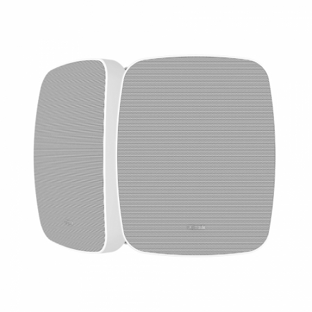 Två vita utomhushögtalare med en slät front och diskret design.