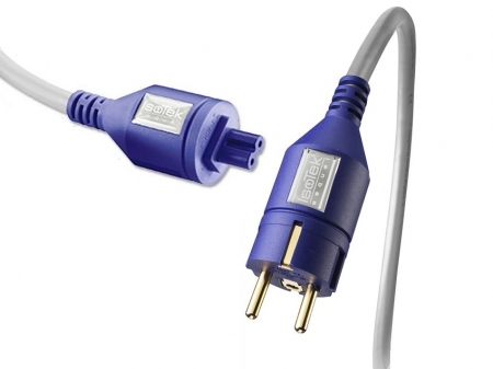 Grå nätkabel med C7-kontakt och blå plugg, 2 meter lång.