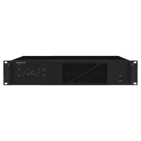 Monacor PA-2240, 2x240W 100V PA-förstärkare med kontroller och indikatorer.