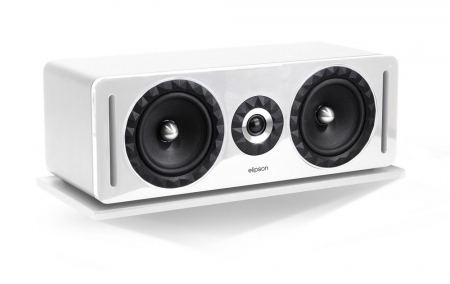 En vit centerhögtalare med två woofer och en diskant.