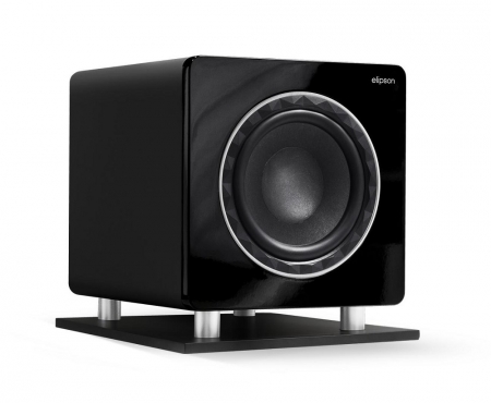 Svart subwoofer med rund högtalare och glänsande yta.