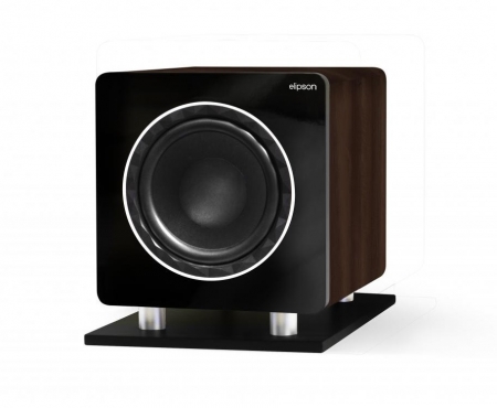 Svart och valnötsfärgad subwoofer med rund högtalare utvecklad av Elipson.