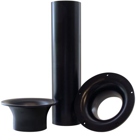 Tre svarta rördelar för ventilation, inkluderar en kon och ett cylindriskt rör.