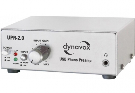 En silverfärgad USB phono preamp med volymkontroll och anslutningar.